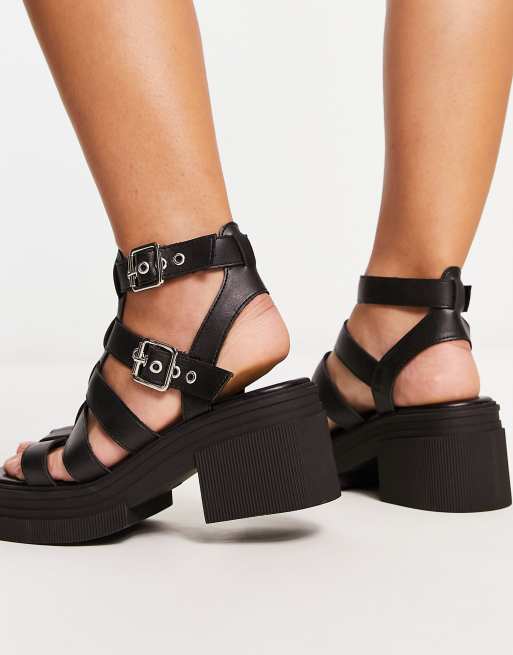 ASOS DESIGN Wide Fit Highway chunky mid heeled sandals in black