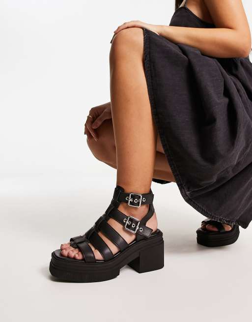 ASOS DESIGN Wide Fit Highway chunky mid heeled sandals in black