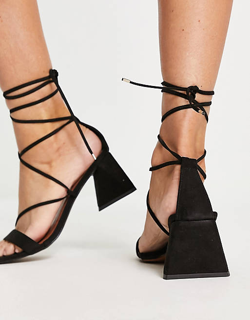 ASOS Hilani Tie Leg Block Heeled Mid Sandals in Black Womens Shoes Heels Sandal heels 