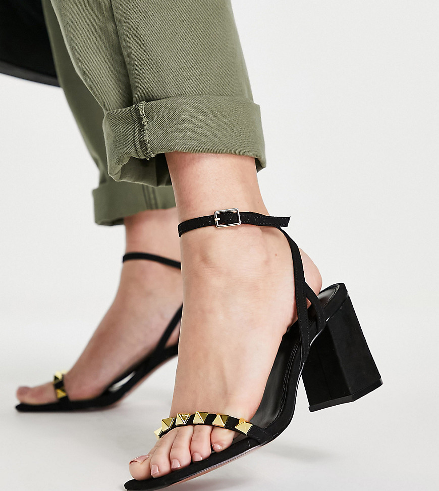 ASOS DESIGN Wide Fit Holt studded mid heeled sandals in black