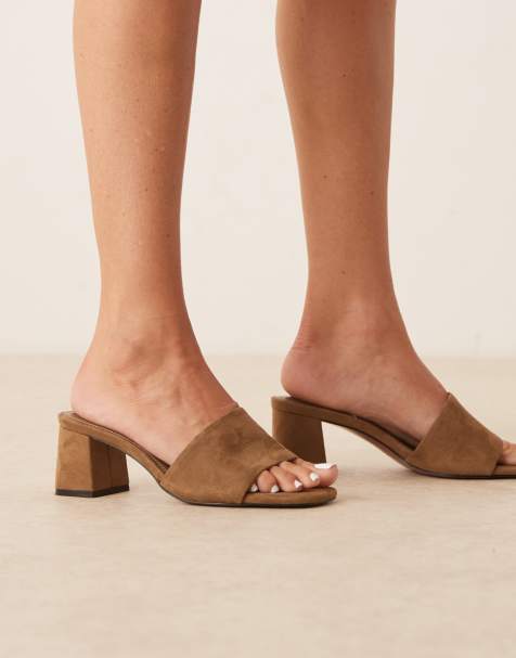 ASOS DESIGN Wide Fit Honeycomb mid heeled mules in taupe suedette - view 1