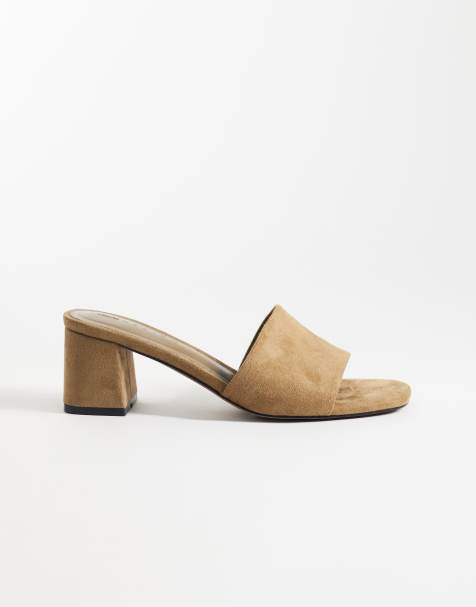 ASOS DESIGN Wide Fit Honeycomb mid heeled mules in taupe suedette - view 1