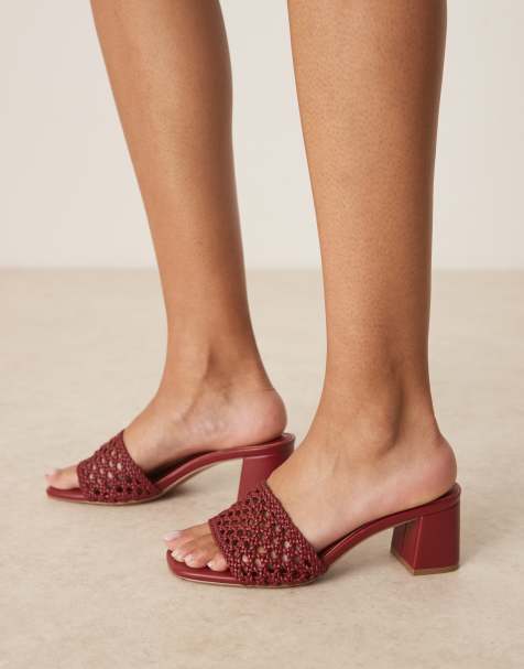 ASOS DESIGN Wide Fit Honeycomb woven detail mid heeled mules in dark cherry - view 1