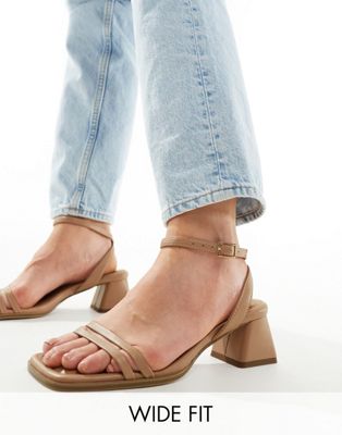 Asos Design Wide Fit Honeydew Mid Block Heeled Sandals In Beige-neutral
