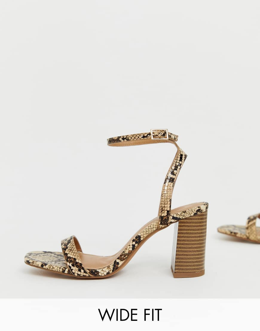 ASOS DESIGN Wide Fit Hong Kong barely there block heeled sandals in snake | ASOS