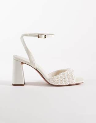 Asos Design Wide Fit Honour Faux-pearl Embellished Barely There Mid Height Block Heel Sandals In White