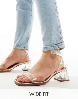 ASOS DESIGN Wide Fit Hopeful block heeled sandals in clear and rose gold