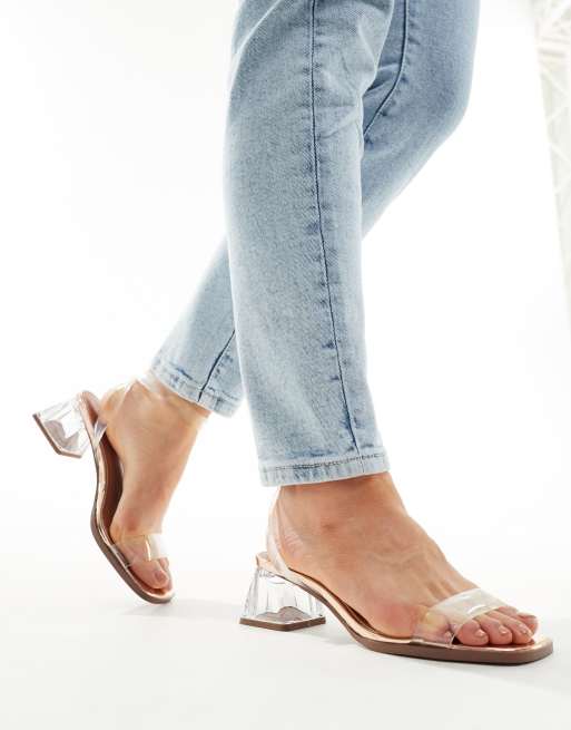 ASOS DESIGN Wide Fit Hopeful block heeled sandals in clear and rose gold