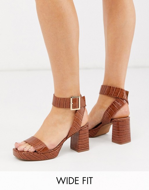 ASOS DESIGN Wide Fit Hopscotch platform heeled sandals in tan croc