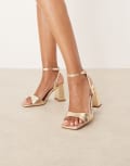 [ASOS DESIGN Wide Fit] ASOS DESIGN Wide Fit Hotel barely there block heeled sandals in gold 12 GOLD