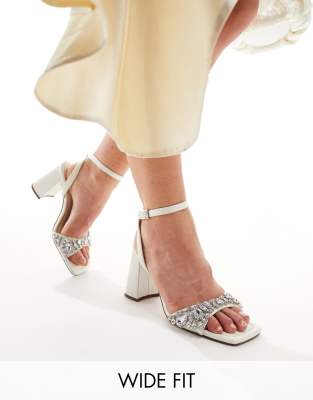 Asos Design Wide Fit Hotel Embellished Barely There Block Heeled Sandals In Ivory-white