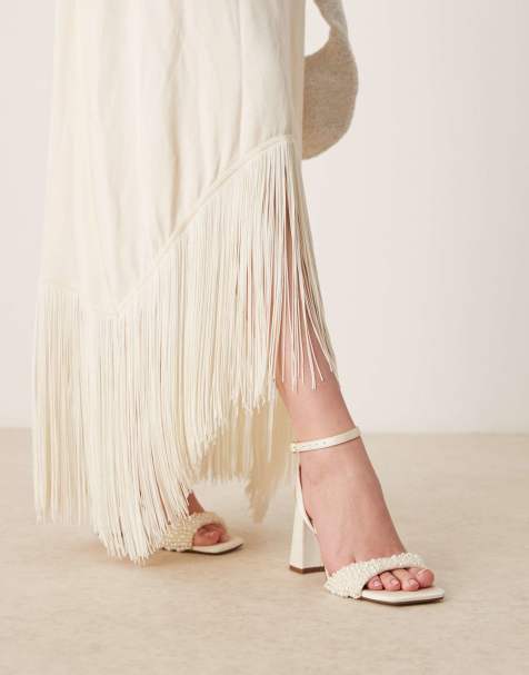 ASOS DESIGN Wide Fit Hotel pearl detail barely there block heel sandals in ivory - view 1