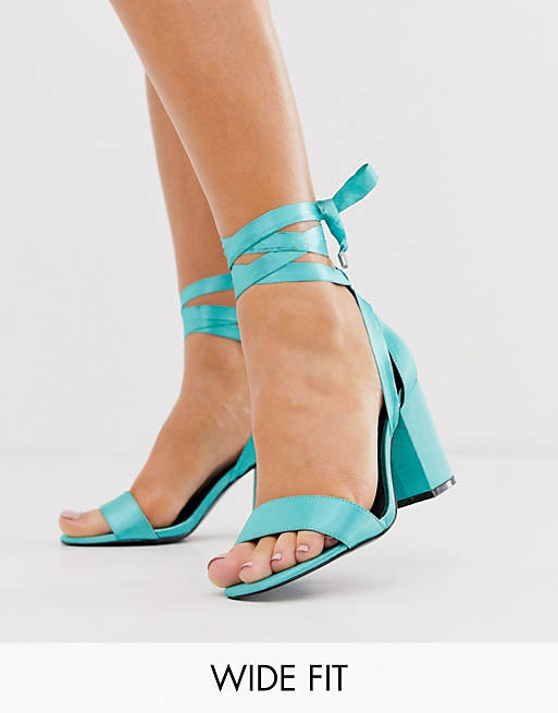 ASOS DESIGN Wide Fit Howling tie leg block heeled sandals in turquoise ...