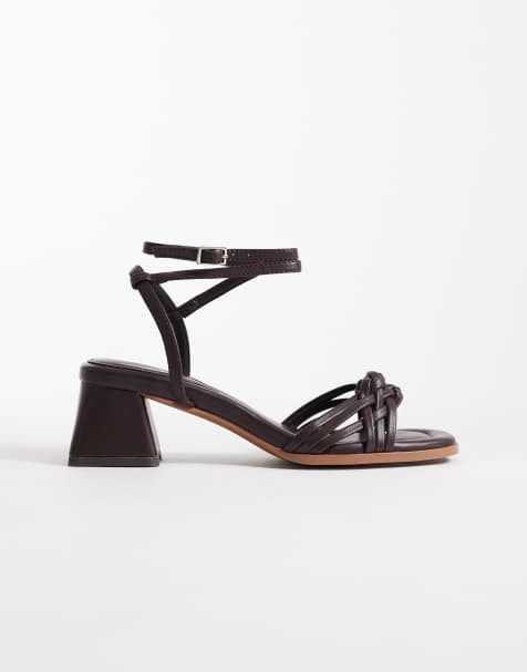 ASOS DESIGN Wide Fit Humble plaited detail block mid heel sandals in chocolate - view 1