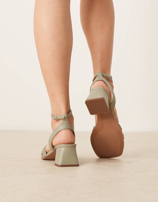 ASOS DESIGN Wide Fit Hummingbird weave detail mid block heeled sandals in pistachio, 4 of 4