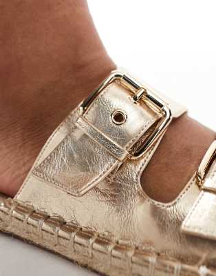 Asos Design Wide Fit Jada Double Buckle Espadrille Mules In Gold
