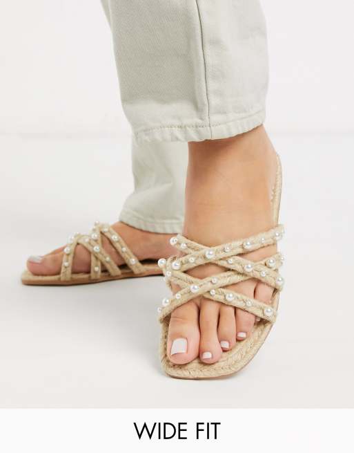 ASOS DESIGN Wide Fit Jazzie pearl embellished espadrille flat sandals ...