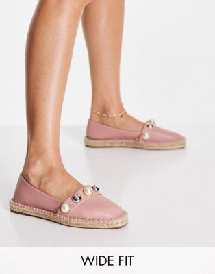 ASOS DESIGN Wide Fit Jenna pearl espadrilles in dusty pink