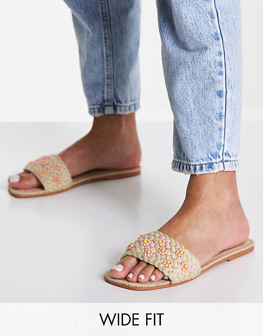 Women Flat Sandals/Wide Fit Juicy beaded flower espadrille mules in natural 