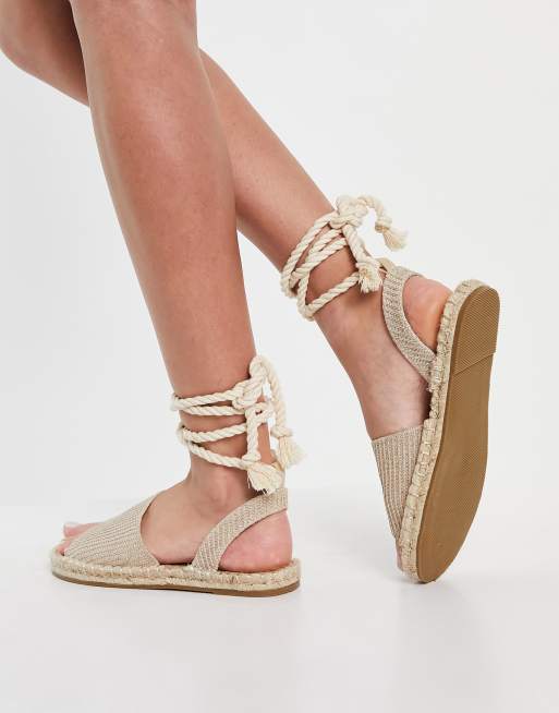 Natural Lace Up Espadrille Flat Sandal