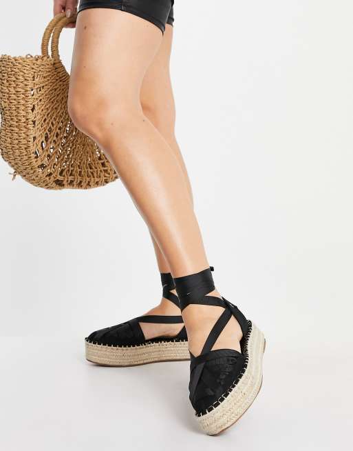 ASOS DESIGN Wide Fit Junior flatform esadrilles with ankle tie in black