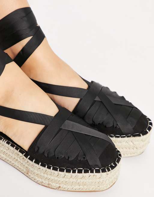 ASOS DESIGN Wide Fit Junior flatform esadrilles with ankle tie in black