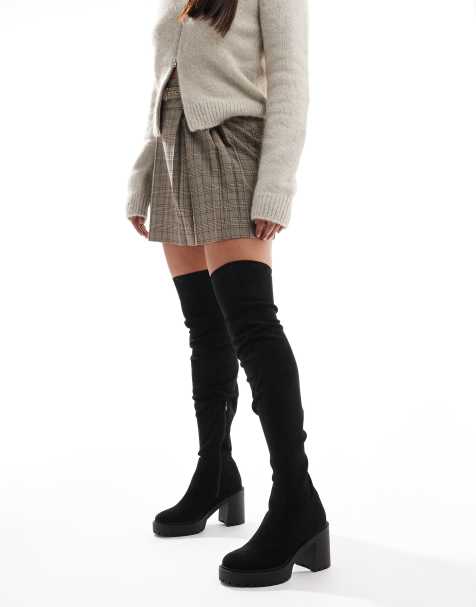 ASOS DESIGN Wide Fit Kaz chunky heeled over the knee boots in black - view 1