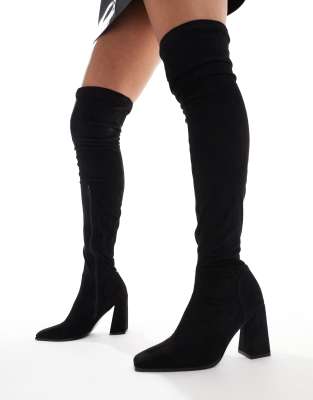 Wide Fit Keely block-heeled over the knee boots in black micro