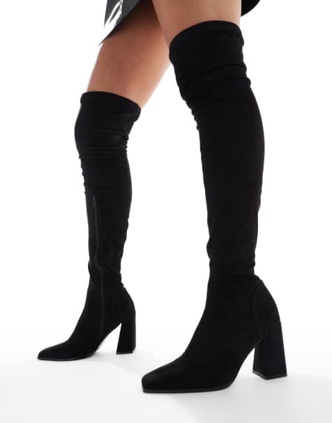 ASOS DESIGN Wide Fit – Keely – Svarta, lårhöga boots med blockklackar - view 1