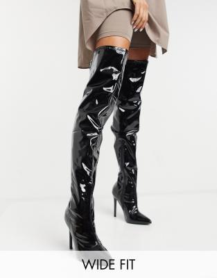 black patent leather thigh high boots