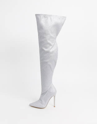 silver glitter thigh high boots