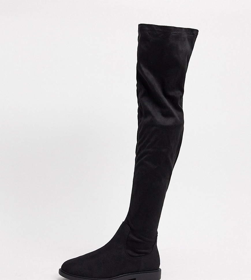 Asos Design Wide Fit Wide Leg Kayden Flat Thigh High Boots In Black