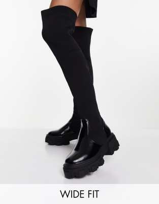 ASOS DESIGN WIDE FIT KIMMY FLAT CHUNKY OVER THE KNEE BOOTS IN BLACK,ASOS DESIGN BLACK