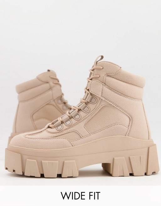ASOS DESIGN Wide Fit lace up boot in beige faux nubuck with chunky sole