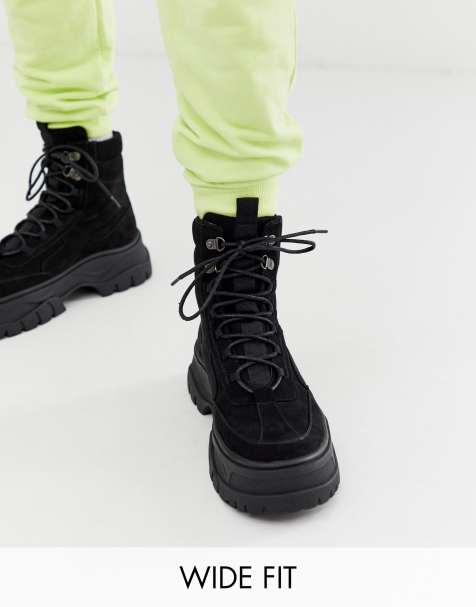ASOS DESIGN Wide Fit lace up boot in black faux nubuck with chunky sole