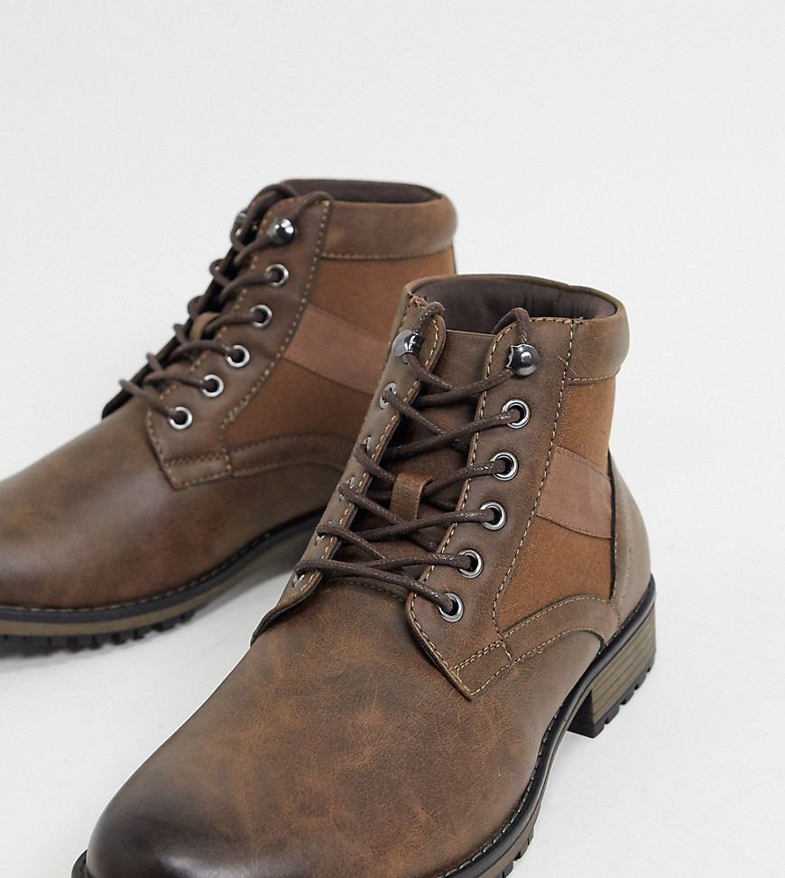 Asos Design Wide Fit Lace Up Boot In Brown Faux Leather