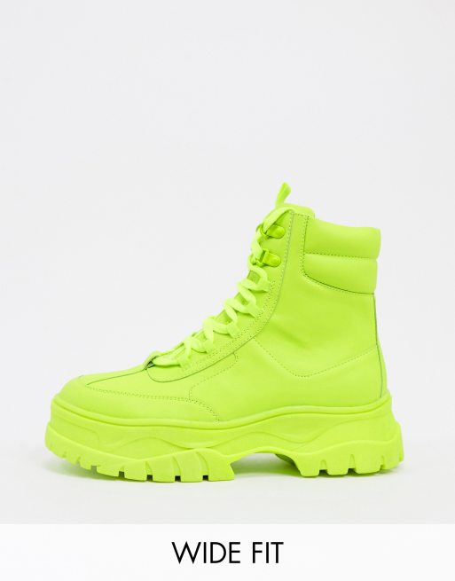 Lace-Up Chunky Boots Ultra Light Weight Green Croco Textured Leather w