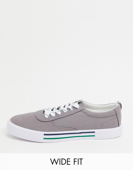 ASOS DESIGN Wide Fit lace up plimsolls in grey with navy and green detailing