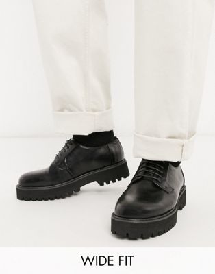 Asos Design Lace Up Shoes In Black Faux Leather On Raised Chunky Sole