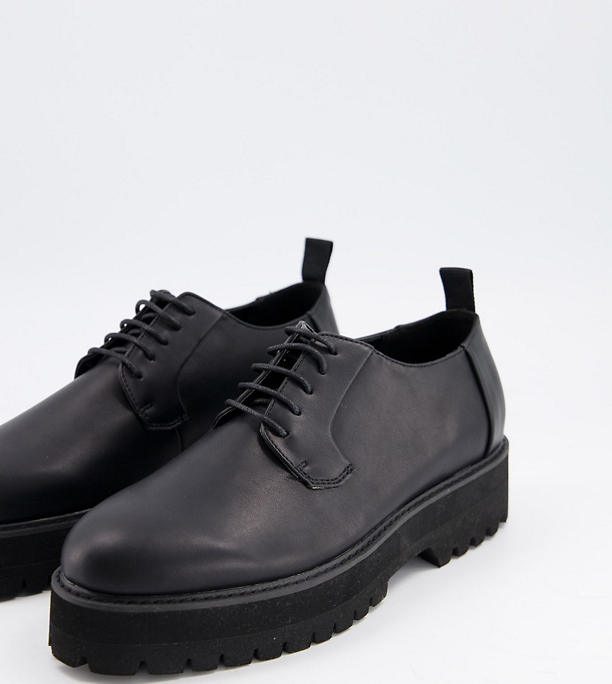 ASOS DESIGN Wide Fit lace up shoes in black faux leather with raised chunky sole