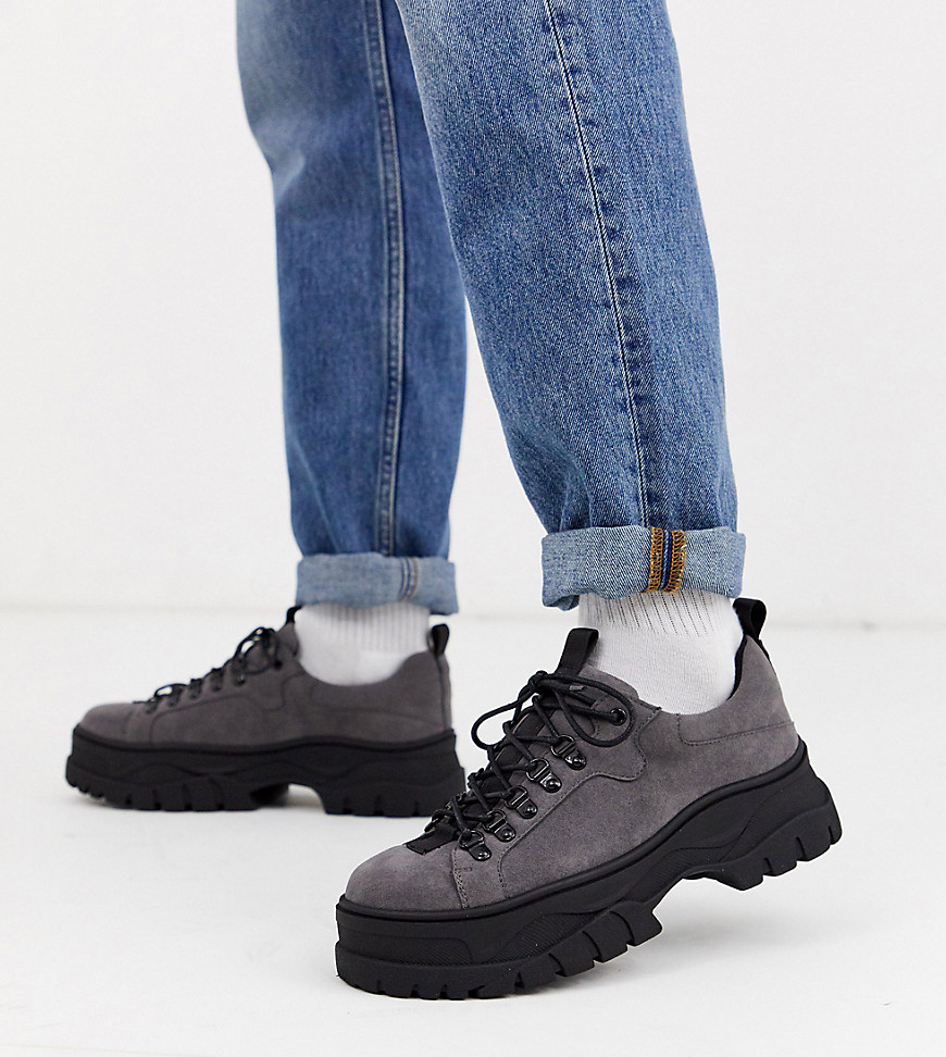 ASOS DESIGN Wide Fit lace up shoes in grey faux suede with chunky sole