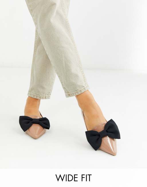 ASOS DESIGN Wide Fit Lake bow pointed ballet flats in beige | ASOS