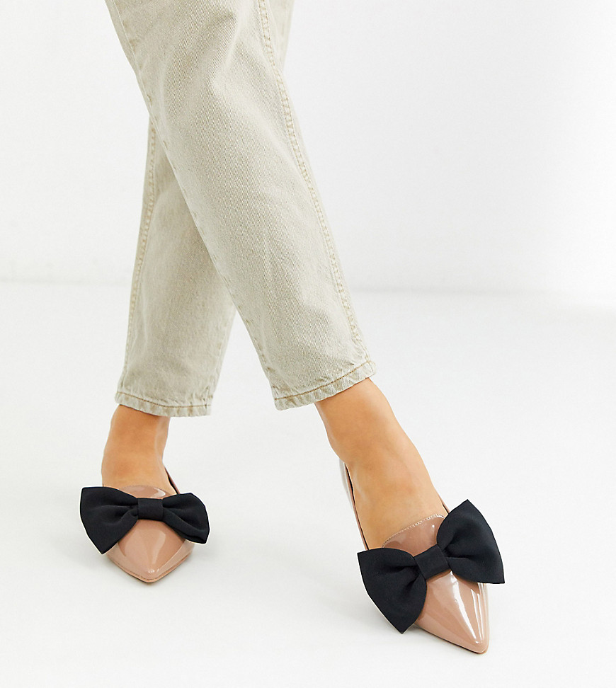 ASOS DESIGN Wide Fit Lake bow pointed ballet flats in beige