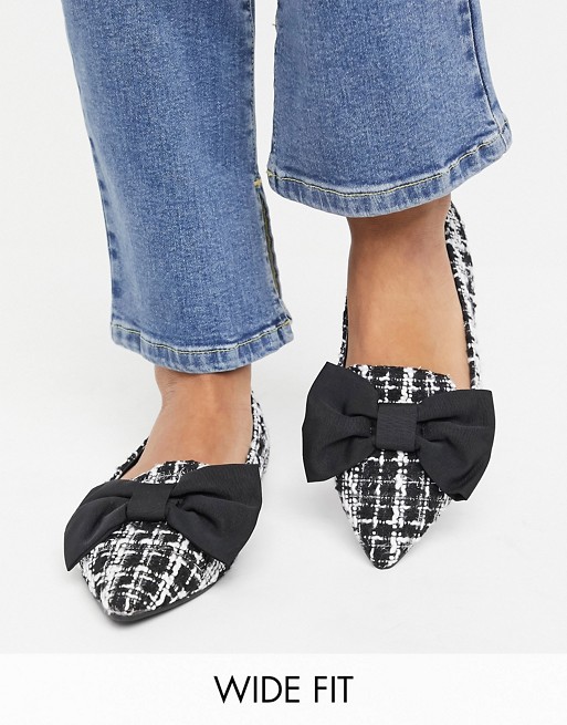 ASOS DESIGN Wide Fit Lake bow pointed ballet flats in black and white tweed