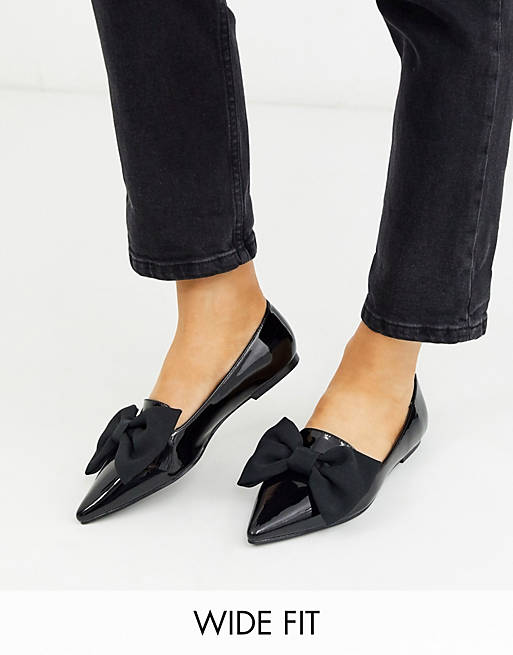 ASOS DESIGN Wide Fit Lake bow pointed ballet flats in black