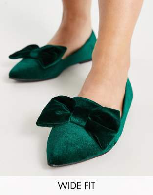 Asos Design Wide Fit Lake Bow Pointed Ballet Flats In Green Velvet