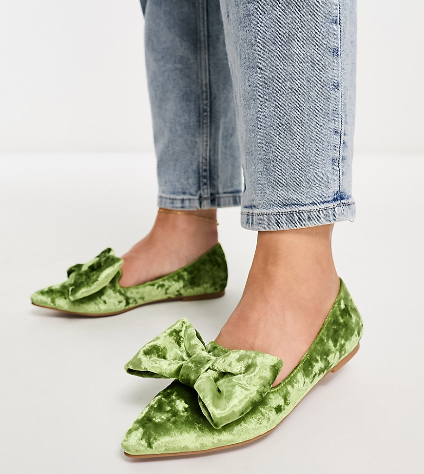 ASOS DESIGN Wide Fit Lake bow pointed ballet flats in green