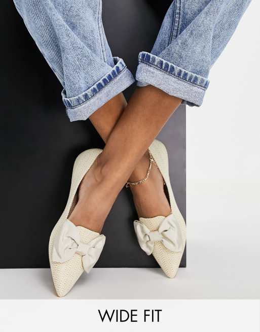 ASOS DESIGN Wide Fit Lake bow pointed ballet flats in natural