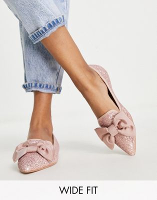 ASOS DESIGN Wide Fit Lake bow pointed ballet flats in pink gitter - ASOS Price Checker