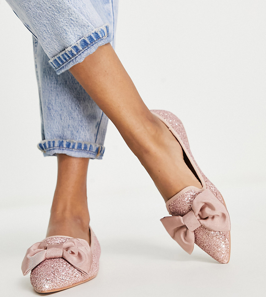 ASOS DESIGN Wide Fit Lake bow pointed ballet flats in pink glitter